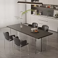 Modern Dining Table Set With Black Chairs Wooden Top Metal Legs Vase And Tray