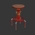 Red Stool With Wooden Seat And Metal Frame Featuring Adjustable Knobs And Four Legs