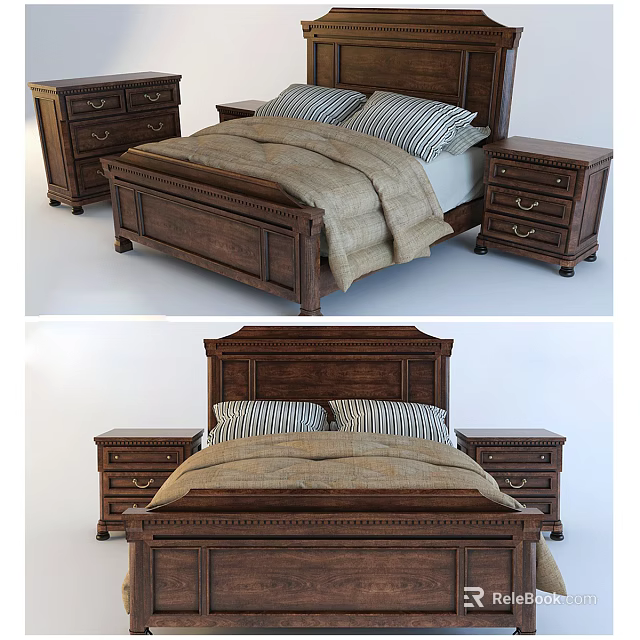 Classic Wooden Double Bed with Striped Pillows Burlap Blanket and Nightstands 3d model 