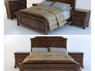 Classic Wooden Double Bed with Striped Pillows Burlap Blanket and Nightstands 3d model