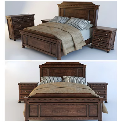 Classic Wooden Double Bed with Striped Pillows Burlap Blanket and Nightstands 3d model