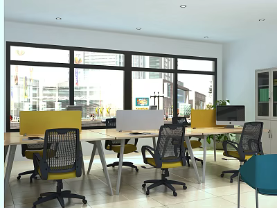 Bright Open Public Office Space With Desks Computers Yellow Partitions And Large Windows 3d model