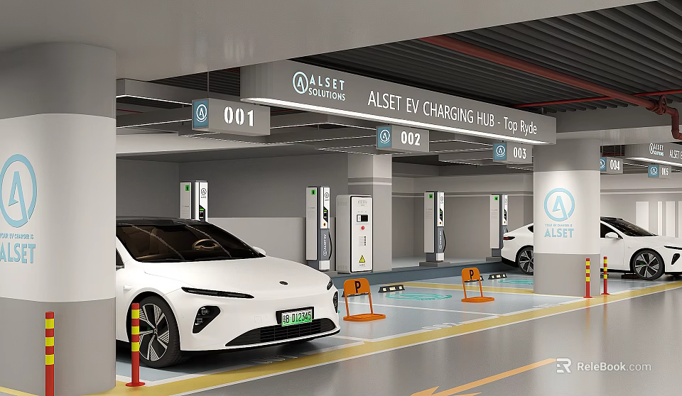 EV Charging Parking Garage With Numbered Bays And Parked Electric Vehicles 3d model 