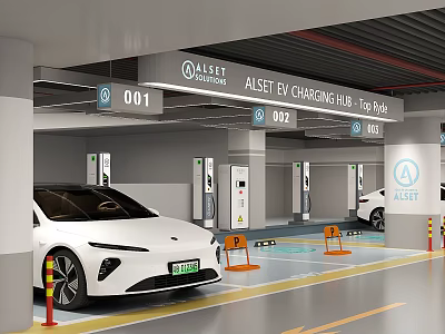 EV Charging Parking Garage With Numbered Bays And Parked Electric Vehicles 3d model