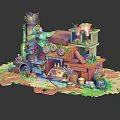Colorful Cartoon Scenic Building With Multi Layered Structure Green Plants And Decorative Clocks