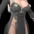 Woman in modern nun habit with high slit and gold accents shown from multiple angles
