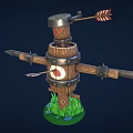 Cartoon Scarecrow Target Scene With Wooden Barrel Body Metal Rings Red Bullseye And Spear Arms