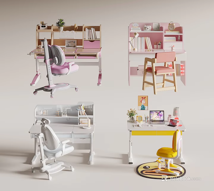 Colorful Kids Desk Interior Designs With Chairs Shelves Plants And Laptop 3d model 