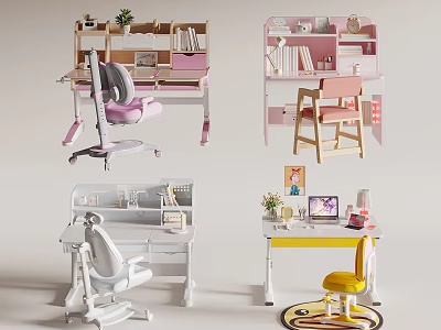 Colorful Kids Desk Interior Designs With Chairs Shelves Plants And Laptop 3d model