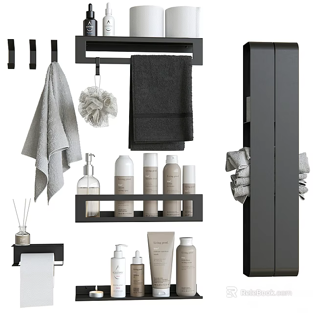 Black Bathroom Storage Rack With Towels Bath Sponge And Toiletries Bottles 3d model 