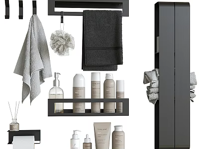 Black Bathroom Storage Rack With Towels Bath Sponge And Toiletries Bottles 3d model