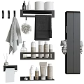 Black Bathroom Storage Rack With Towels Bath Sponge And Toiletries Bottles