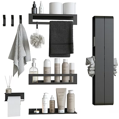 Black Bathroom Storage Rack With Towels Bath Sponge And Toiletries Bottles 3d model