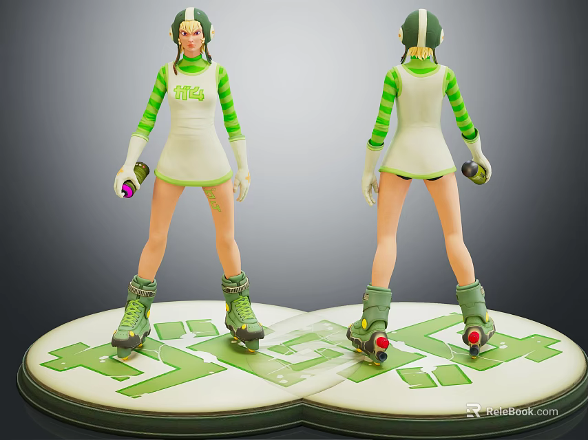 Detailed Female Character Figure In Green White Striped Outfit With Helmet And Roller Skates 3d model 