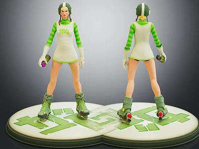 Detailed Female Character Figure In Green White Striped Outfit With Helmet And Roller Skates 3d model
