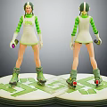 Detailed Female Character Figure In Green White Striped Outfit With Helmet And Roller Skates