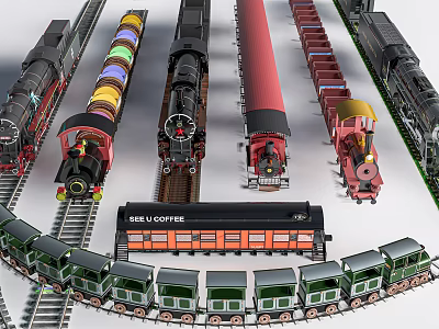 Various Types Of Toy Trains With Different Colors And Styles On Tracks 3d model
