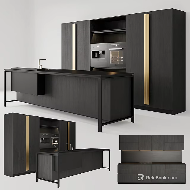 Modern Black Kitchen Cabinets With Gold Accents Kitchen Island And Integrated Appliances 3d model 