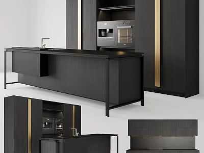 Modern Black Kitchen Cabinets With Gold Accents Kitchen Island And Integrated Appliances 3d model