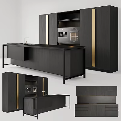 Modern Black Kitchen Cabinets With Gold Accents Kitchen Island And Integrated Appliances 3d model