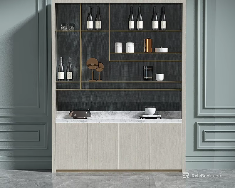 Modern Storage Cabinet With Wine Bottles Coffee Machine Gold Frame And Marble Countertop 3d model 
