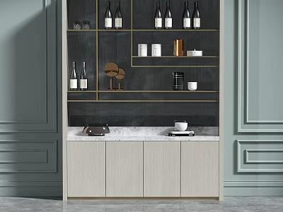 Modern Storage Cabinet With Wine Bottles Coffee Machine Gold Frame And Marble Countertop 3d model