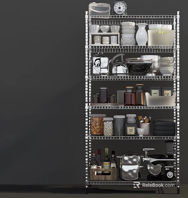 Modern Open Kitchen Interior With Organized Cookware Storage Shelves And Containers 3d model