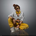 Stylish Casual Female Outfit With Yellow Sunglasses Headphones Pants And White Sneakers