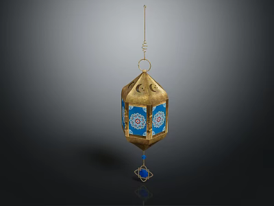 Oriental Style Decorative Lantern With Blue Floral Patterns And Tassel 3d model