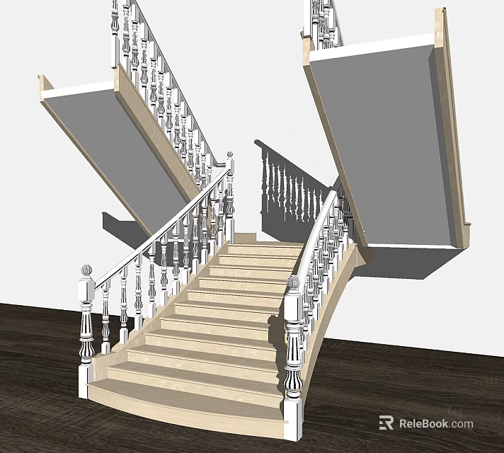 Classic Interior Staircase Design With White Railing And Light Wooden Steps 3d model