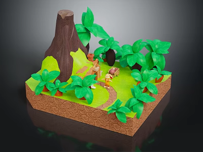 Natural Forest Scene With Tree Stump Lush Green Leaves Winding Path And Small Animals 3d model