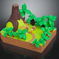Natural Forest Scene With Tree Stump Lush Green Leaves Winding Path And Small Animals