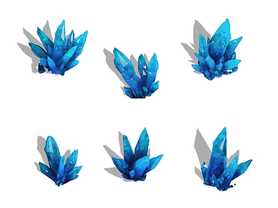 Blue Crystal Clusters In Various Shapes With Shadows On White Background 3d model