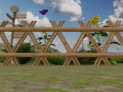 Bamboo Fence With Sunflowers Butterfly And Signpost In Grass Under Cloudy Sky 3d model
