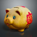 Cute Yellow Piggy Bank With Red Decorations And Fu Symbol For Saving Money