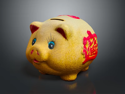 Cute Yellow Piggy Bank With Red Decorations And Fu Symbol For Saving Money 3d model