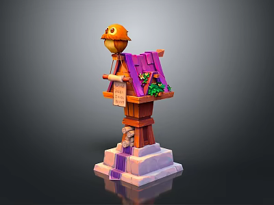 Decorative Household Birdhouse With Orange Bird Purple Roof Green Plants And Stone Base 3d model