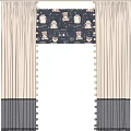 Beige And Gray Two Tone Curtain With Pom Pom Trim And Patterned Valance