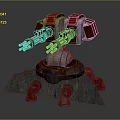 3D Model of Mechanical Device With Red Components Dual Barrels Rusty Pipes and Stone Base