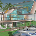 Modern Waterfront Detached Villa With Glass Facade And Palm Trees Surroundings