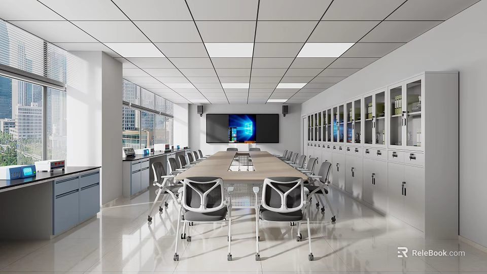 Modern Open Concept Kitchen Featuring Stylish Wine Rack With Glass Display Doors 3d model