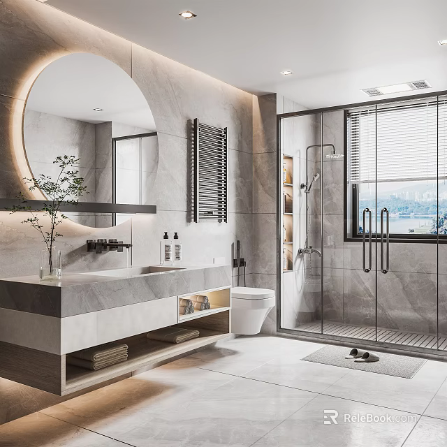 Modern Bathroom Interior Design With Round Mirror Marble Countertop And Glass Shower Enclosure 3d model 