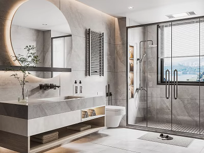 Modern Bathroom Interior Design With Round Mirror Marble Countertop And Glass Shower Enclosure 3d model