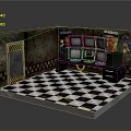 Vintage TV Cabinet With Multiple TVs Posters And Checkered Floor In Retro Room