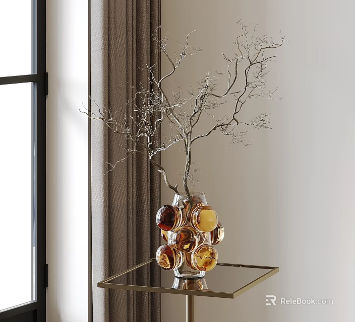 Golden Amber Glass Globe Vase Holding Silver Decorative Branches On Glass Table 3d model 