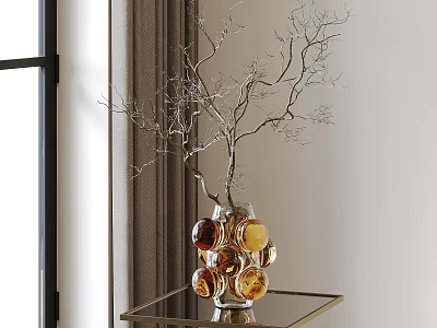 Golden Amber Glass Globe Vase Holding Silver Decorative Branches On Glass Table 3d model