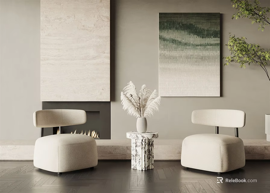 Beige Upholstered Casual Sofa Set with Minimalist Side Table Decorative Art on Dark Wood Floor 3d model 