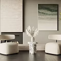 Beige Upholstered Casual Sofa Set with Minimalist Side Table Decorative Art on Dark Wood Floor