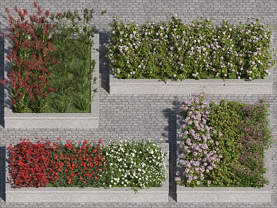 Vibrant Flowers And Plants In Tiered Planter Boxes Against Brick Wall Background 3d model
