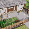 Rural Landscape Featuring Traditional House Gray Tile Roof Bamboo Fence Purple Flowers And Stone Mill